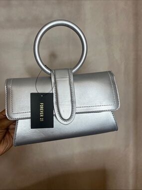 Forever 21 Metallic Silver Ring-Handle Wristlet Clutch NWT